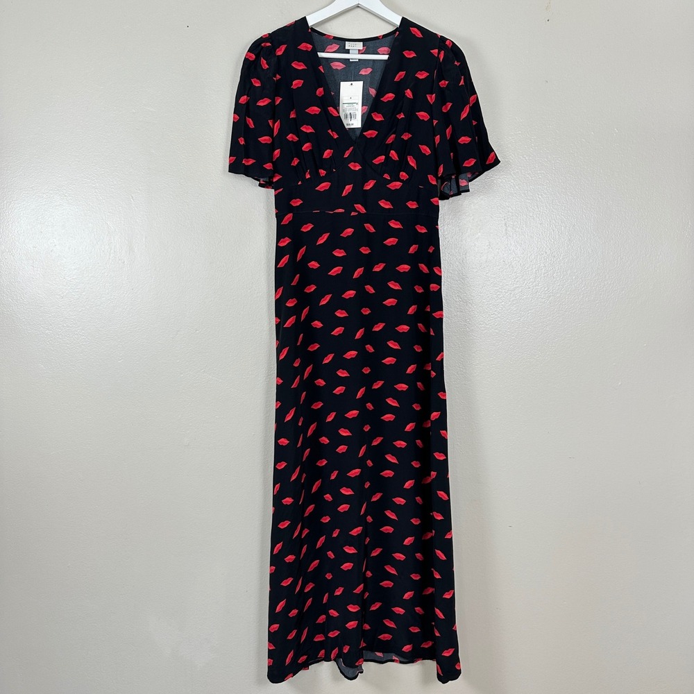 A New Day Women's 4‎ Maxi Dress Black Red Lip Print V-Neck Flutter Sleeve NEW